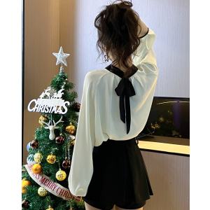 Korean Style Lace Shirt Womens Top Color Block Versatile Elegant Spring Autumn Ladylike Loose Fit Long Sleeve round Neck