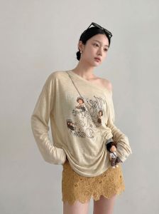 GULILI | Peach Color Cartoon Print Loose Sun Protection Womens Shirt