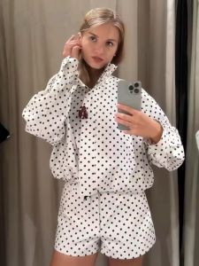 ฤดูใบไม้ร่วง Polka Dot พิมพ์หลวมเสื้อแจ็คเก็ตผู้หญิงแขนยาวซิป Drawstring เสื้อวินเทจ 2025 ใหม่ผู้หญิง Outwear