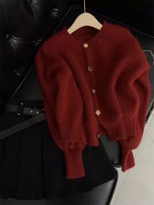 European Goods Fancy Christmas Red Sweater Outwear Female Fall and Winter Raccoon Velvet Soft Glutinous Idle Style Loose Knitted Cardigan