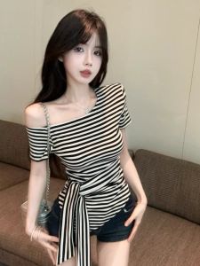 GUZILIAN | Korean Style Slim Fit Short Sleeve Top With Belt Design Summer Fashionable Womens Clothing Shoulder Length Appropriate Knitted