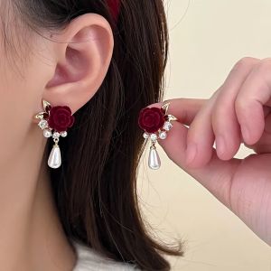 Red Pearl Flower Earrings Women Korean Fashion Elegant Earring Jewelry Accessories for Girls
