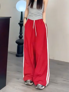 Red American High Street Loose Sports Pants Women Summer Thin High Waist Wide Leg Casual Workwear Straight Leg Trousers