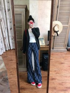 Dark Blue Plaid Micro Flared Pants Womens Spring Summer American Style Casual Jazz Dance Pants Small Size High Waist Long Leg
