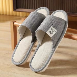 Linen Slippers Mens Summer Four-leaf Clover Breathable Indoor Anti-slip Soft Bottom Home Guest Floor Slippers Four Seasons