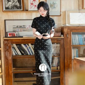 Vintage Slimming Dots Patterned Qipao Style Cotton Linen Dress