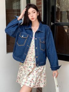 Retro Blue Denim Jacket Womens Short Casual Style Cotton Blend Commute Friendly Single Button Closure Pure Color Jacket