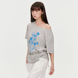 Omont Egg Tart Home Vintage Shoulder Print Short Sleeve T-Shirt Loose Casual off Shoulder Slimming Top Cotton Polyester Blend Spring 2025