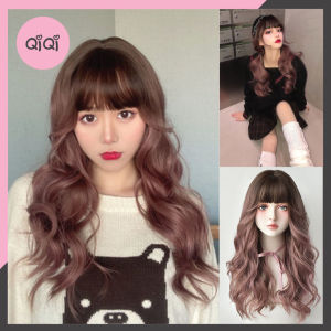 Tóc giả xoăn nguyên đầu CAO CẤP màu Nâu Hồng. Tóc xoăn sóng duỗi dài kèm mái giả trẻ trung Qiqishop