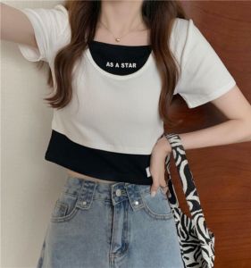 Ice Silk Ribbed Short Sleeve T-Shirt Womens Slim Fit Short Length Fashionable Top Summer Design Trendy Contrast Color Commute