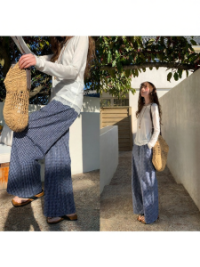 NIHAOKANONG | Quần Dài Ôm Đùi Rộng Xanh Caro Cho Mùa Hè