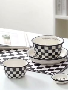 🇲🇾Ready Stock🇲🇾 IG Style Checkerboard High Classy 5Star Printed Tableware Dining Black Set 棋盘格餐具套装家用网红复古陶瓷碗盘碗碟盘子米饭碗汤面碗散装