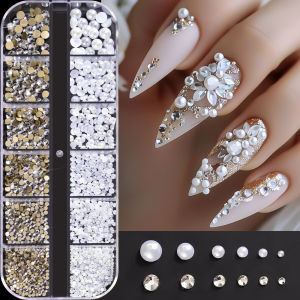 12Grids 3D Rhinestones+Pearls Nail Art Charms Mixed 1.6-4.9mm Glass Diamond&White Pearl Nail Decorations for DIY Crafts Supplies