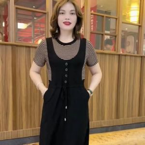Korean Style Women Clothes Stripe Suspender dress Middle age mother Temperament Dress Loose Plus Size Short Sleeve High Quality age reduction Dresses