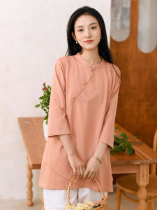 Loose Fit Mid-Length Hanfu Style T-Shirt Womens Spring Summer Cotton Knitted Breathable Casual Vintage Collared Seven-Quarter Sleeve