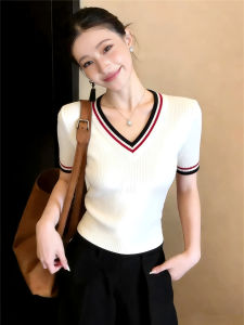 Colorblock V-Neck Cable Knit T-Shirt Short Sleeve