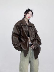 Fall New Arrival PU Leather Pure Color Hip Hop Coat Top Ins American Retro Couple Locomotive Style Leather Jacket for Men and Women