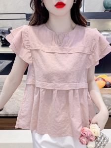 WANGGONGZHU | Chic French Style Sweet Doll Shirt Womens Summer 2025 New Fashionable Transparent Chiffon Top Elegant Short Sleeve Round Neck