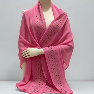 Jifang Black Silver Rhinestones Starry Plain Bubble Chiffon Pashmina Shawl Head Wraps Muslim Hijab Shawls Tudung QT41