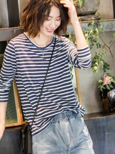 Loose Long Sleeve round Neck T-Shirt Womens Basic Striped under Shirt Artistic Style Cotton 100% Spring New Arrival