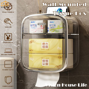 Vision Transparent Wall Mounted Tissue Box Drawer Type Tissue Paper Roll Holder with Mobile Phone Holder Bathroom Nail Free Face Towel Storage Box