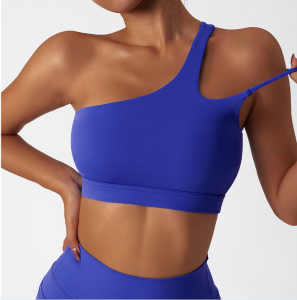 Classic Womens Yoga Sports Wear Shockproof Blue Top with Chest Pad Fashionable Summer Exercise Vest No Padded Single Shoulder