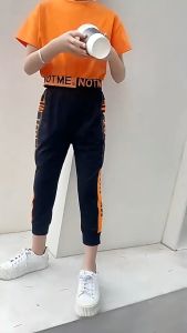 5-12 Years Children Girls Clothes Set Summer Short Top T-Shirt+Long Pants Cotton Orange Sports Outfit