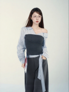 YIKEXIAOYEMEI | Áo Blouse Dài Tay Họa Tiết Caro Thời Trang