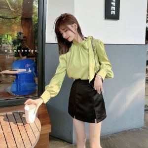 French Style Beautiful Long Sleeves T-Shirt Womens Autumn New Arrival Fancy Satin Tops Bows Stand-up Base Shirt