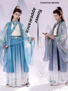 Original Huajinling Chinese Costume Set for Men and Women with Large Sleeves Printed Waist-length Collar for Spring and Summer Polyester Fiber Material