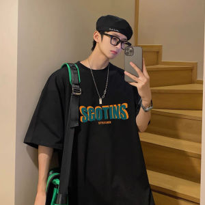 เสื้อยืดแขนสั้นผ้าฝ้ายแท้ 100 ผู้ชาย หลวม ฤดูร้อนลำลองด้านบน ลายพิมพ์ตัวอักษร ครึ่งแขนเสื้อยืดคอกลมสำหรับนักเรียน