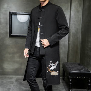 Spring Mens Mid-Length Jacket Embroidered Crane Stand Collar Large Size Tang Suit Fake Two-Piece Outerwear Youth Casual Wear