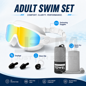 JSJM New Professional Adult Swimming Goggles Kit Anti Fog UV400 Wide Vision Swim Mask with Ear Plugs Nose Clip Quick Dry Towel