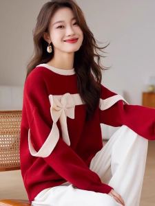 This Years Popular Bows Long Sleeves Knitwear Autumn and Winter round Neck Multicolor Red Sweater Female Slim Looking Wool Tops