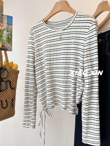Áo Thun Tay Dài Ngắn Thời Trang Phong Cách Hàn Quốc Cho Nữ Mùa Thu Cổ Tròn in Sọc Thắt Nơ Sau Lưng Chất Liệu Cotton