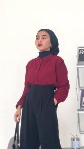 Bloobel - Ello Top Blouse ( BPJ005 ) Crinkle Oneck Longsleeve Korean Top Ramadhan Bukber Iftar Lebaran Ngabuburit Hijab Friendly Kemeja Wanita Polos Basic Lengan Panjang Top Blouse Wanita Kemeja Kantor Baju Atasan Wanita Kemeja