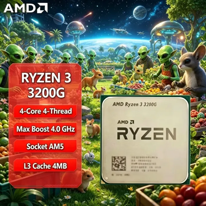 AMD | Power-saving Genuine AMD Ryzen 3 3200G 4-Core 4-Thread 4.0GHz Boost Vega8 AM4 65W Desktop Processor Without Box