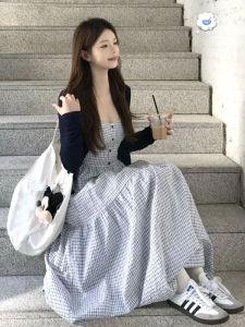 CHANGTONG | French Style Check Padded Waist Summer Long Dress and Knit Cardigan Set