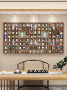 Modern Minimalist Wall Mounted Solid Wood Grid Shelf Tea Pot Tea Cup Tea Leaf Display Cabinet Multi-Treasure Gallery Bohemian Shelf