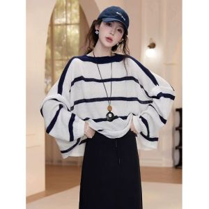 Áo Len Dệt Kim Dài Tay Kẻ Sọc Phong Cách Hàn Quốc Rộng Rãi Thoải Mái Thời Trang Thu Đông Áo Sơ Mi Nữ