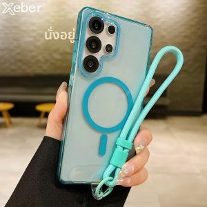 เคสใสแบบมีกลิตเตอร์พร้อมที่ชาร์จไร้สายแม่เหล็กสำหรับ Samsung S25 Ultra S24 Plus พร้อมสายคล้องข้อมือแบบพกพาป้องกันการสูญหาย