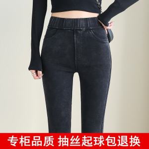 Fleece Lined High Waist Slimming Thickened Denim Look Womens Leggings for Autumn Winter Black Tight Long Pants Ladies Trousers