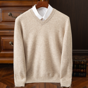 2025 Mens 100% Merino Wool Cashmere V-neck Sweater Pullover Smart Casual Basic Long Sleeve Knitwear Clothes Tops Autumn Winter