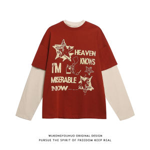 WUKONGYOUHUO | American Retro Letter Print Fake Layered Long Sleeve T-Shirt Men