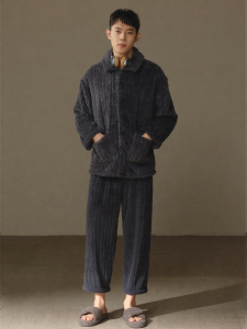 me home wear | Warm Mens Sleepwear Fleece Coral Velvet Flannel Grey Stripe Open Shirt