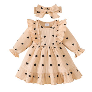 0-18 Months Baby Girl Clothes Sweet 2Pcs Dress Set Ruffle Heart Print Dress with Matching Headband Infant Autumn Casual Outfit