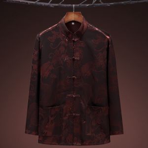 Ice Silk Long Sleeve Mens Tang Suit Birthday Dads Wardrobe Spring Autumn Middle Age Hanfu Knitted Geometric Pattern Casual Wear