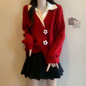 Áo Len Cardigan Dệt Kim Cổ Polo Họa Tiết Hoa Ba Chiều Dáng Rộng Cho Nữ Mùa Thu Đông Màu Đỏ Cỡ Lớn