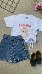 SETELAN ROK KARGO JEANS / ROK CELANA DAN KAOS LABUBU ANAK PEREMPUAN 1-10 TAHUN