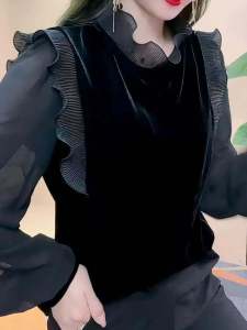 Black Velvet Long Sleeve Womens Top with Wood Grain Edge Splicing Fashionable Outerwear Trendy Commute Style Autumn Wear